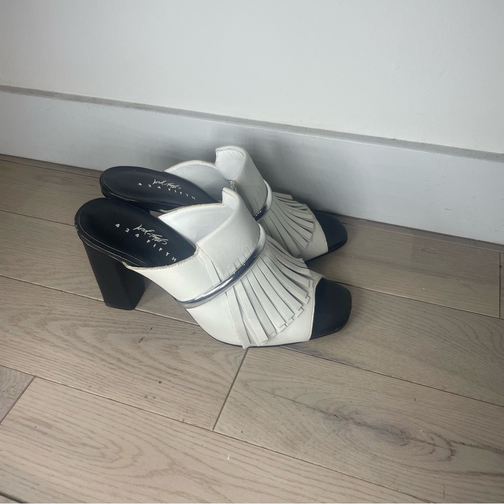 Lord & Taylor Black and White leather fringe Heeled Sandals